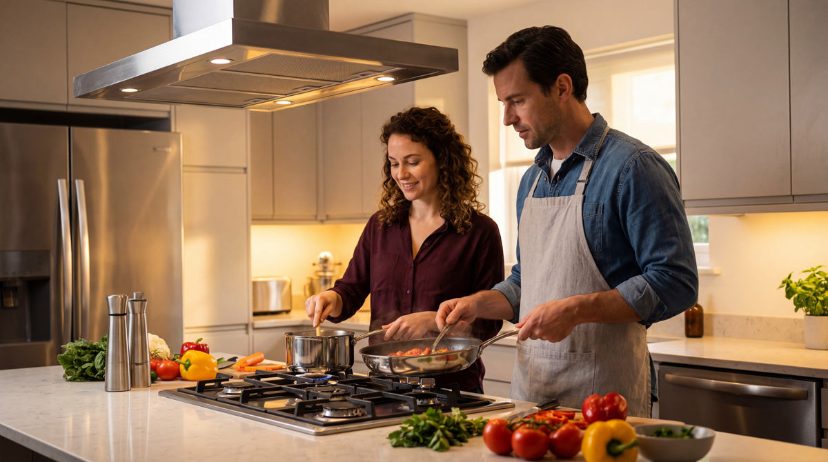 couple cooking vegetables and meat in home kitchen